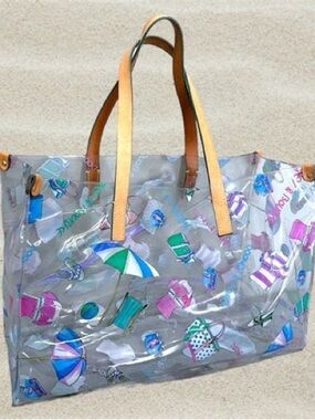 Dooney & Bourke Clear Tote with Multicolor Beach Print and Tan Handles